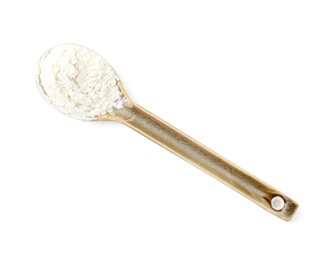 Baking powder in spoon isolated on white, top view