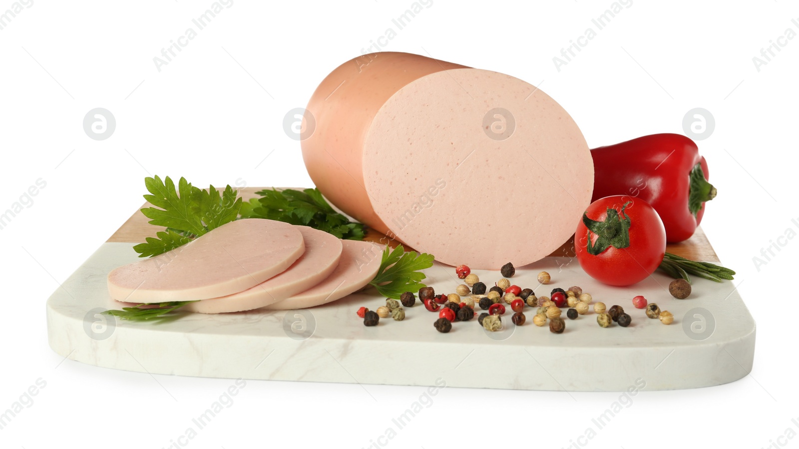Photo of Board with delicious boiled sausage, vegetables, parsley and peppercorns isolated on white