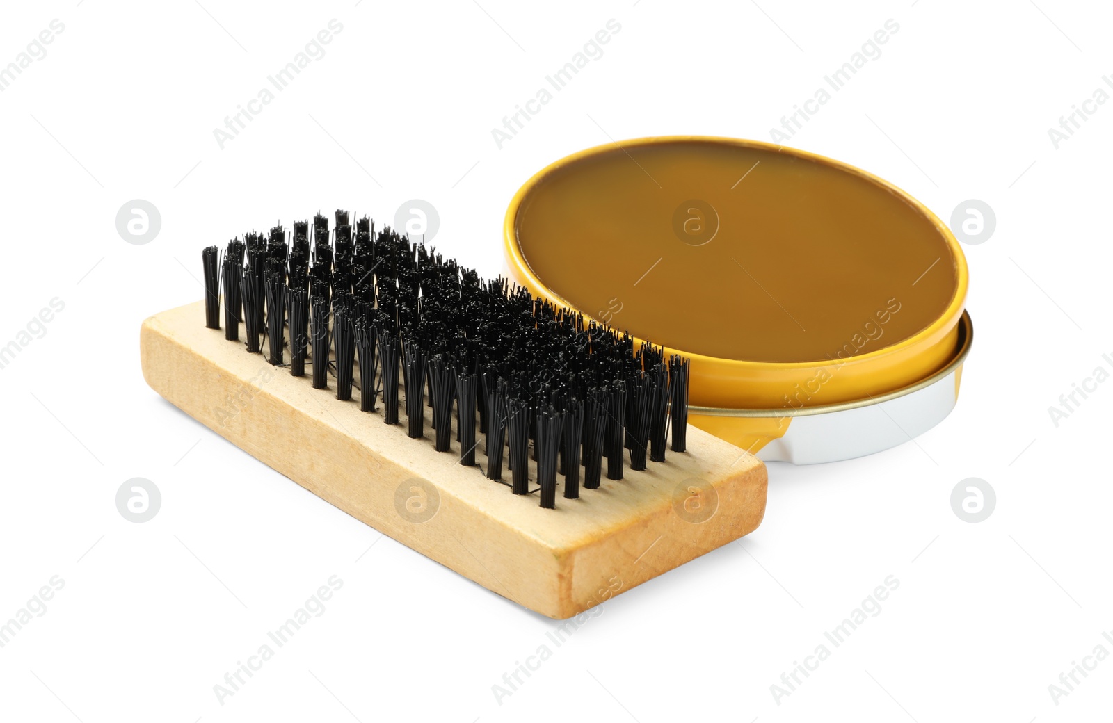 Photo of Wax polish with brush on white background. Shoe care accessories