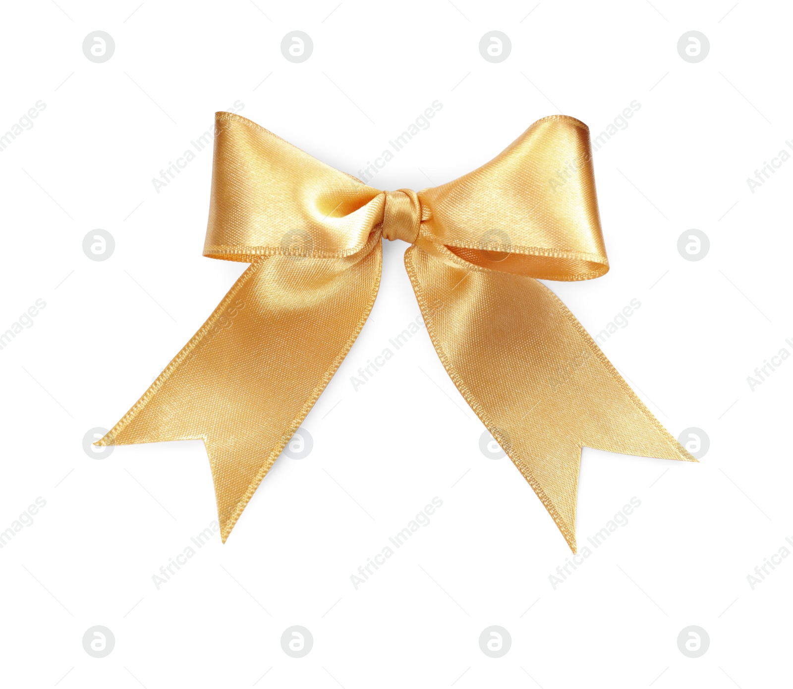 Photo of Beautiful golden ribbon tied in bow isolated on white, top view