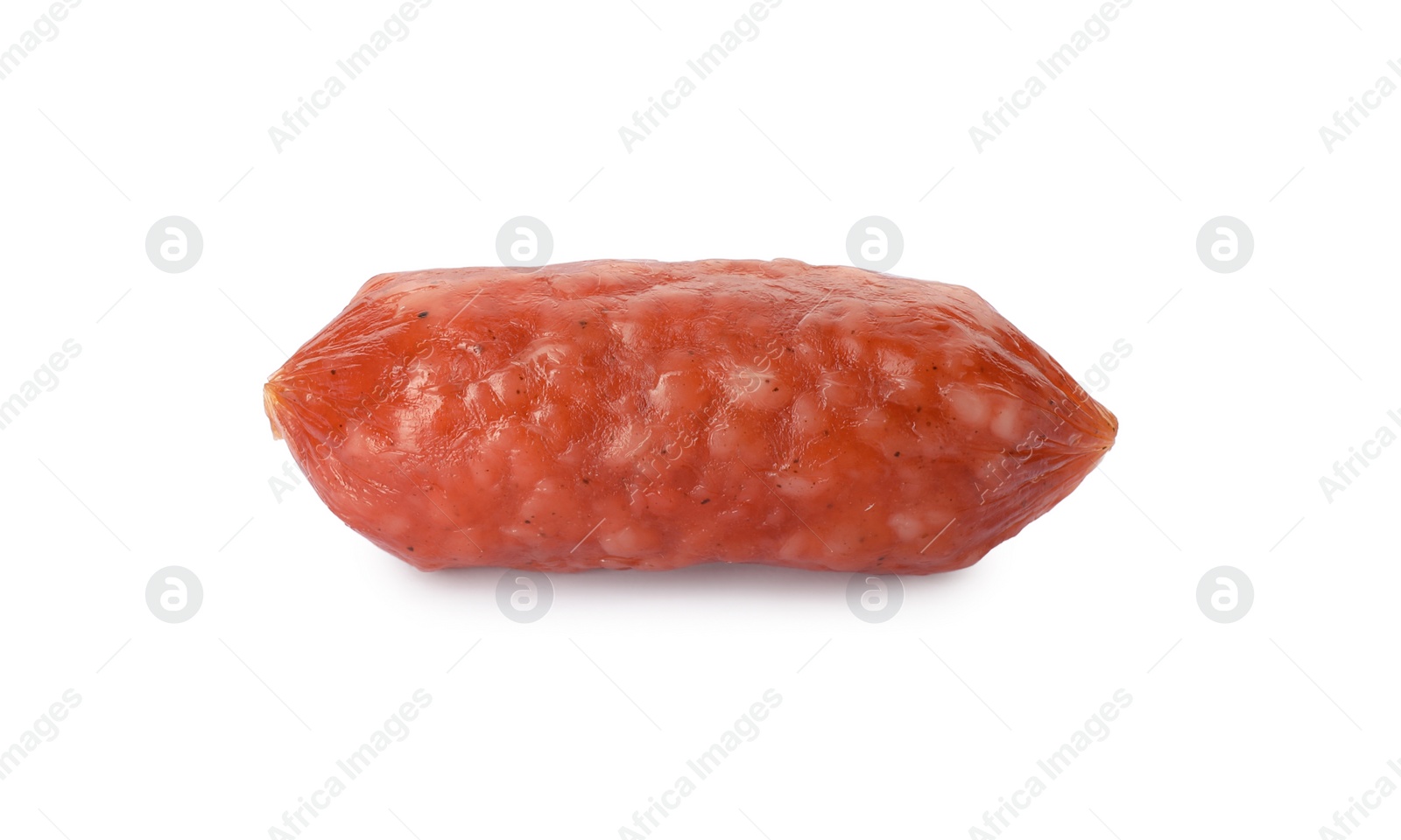 Photo of One thin dry smoked sausage isolated on white