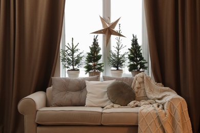 Sofa near window with small fir trees in room. Interior design