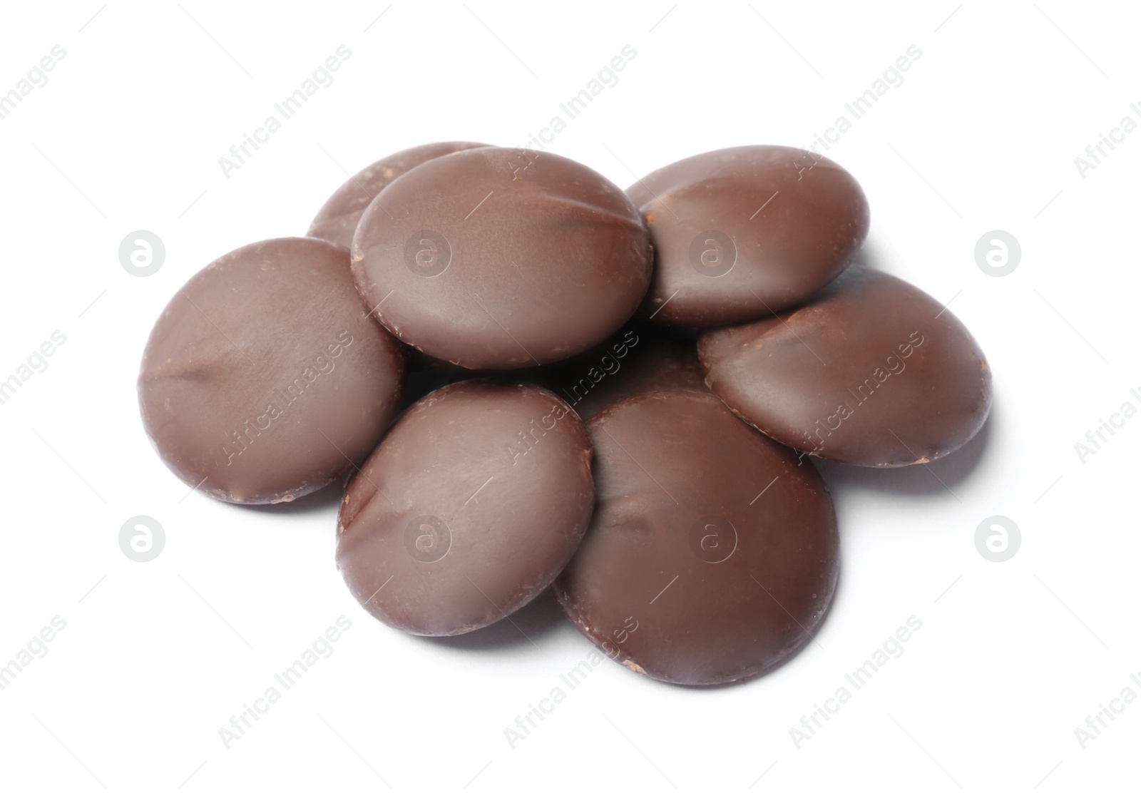 Photo of Delicious black chocolate chips on white background