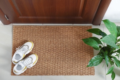 New clean mat with shoes near entrance door and houseplant, top view