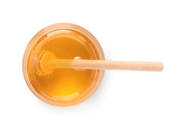 Photo of Tasty honey and dipper in glass jar isolated on white, top view