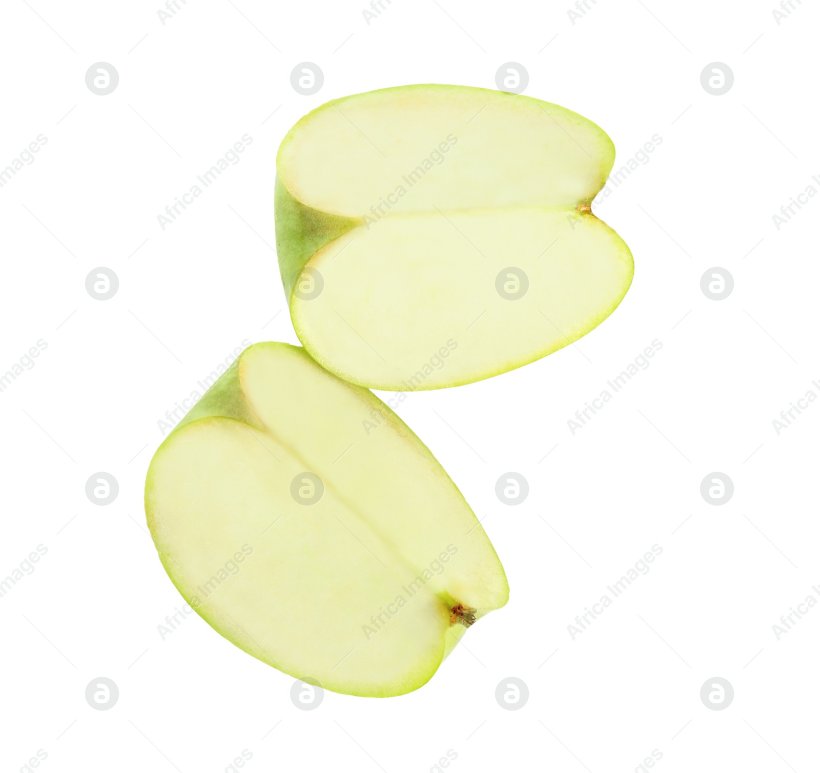 Photo of Pieces of fresh green apple on white background, top view