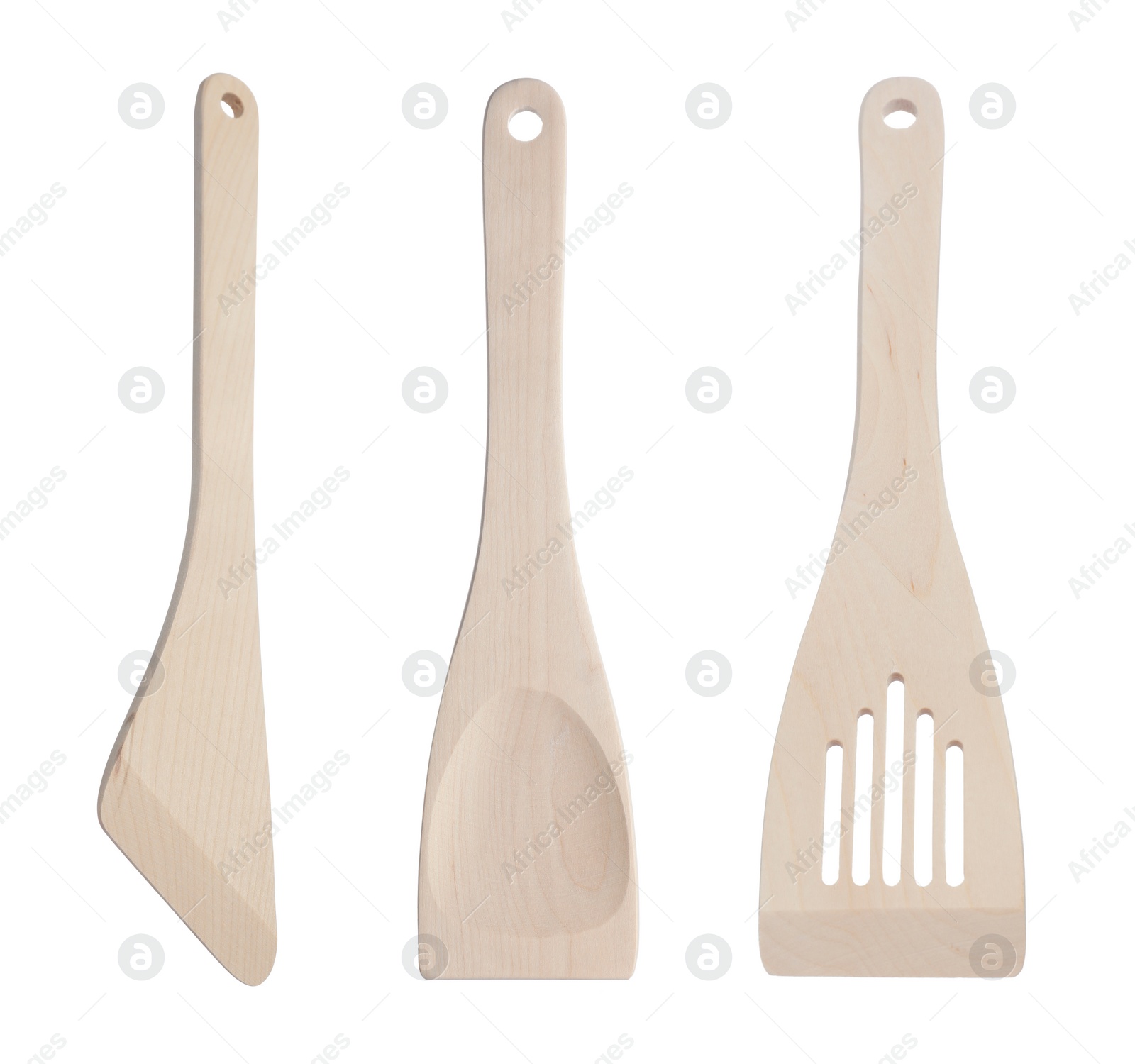 Image of Wooden spatulas isolated on white, set. Cooking utensil