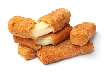 Pile of tasty cheese sticks isolated on white