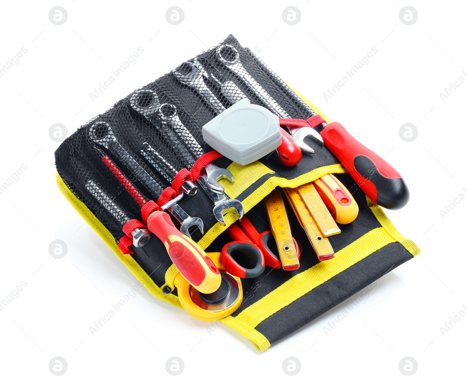 Photo of Bag with different tools isolated on white