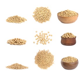 Image of Set with soya beans on white background 