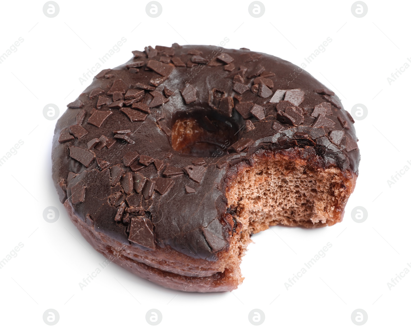 Photo of Sweet bitten glazed donut decorated with chocolate isolated on white