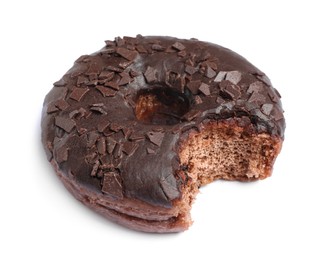 Photo of Sweet bitten glazed donut decorated with chocolate isolated on white