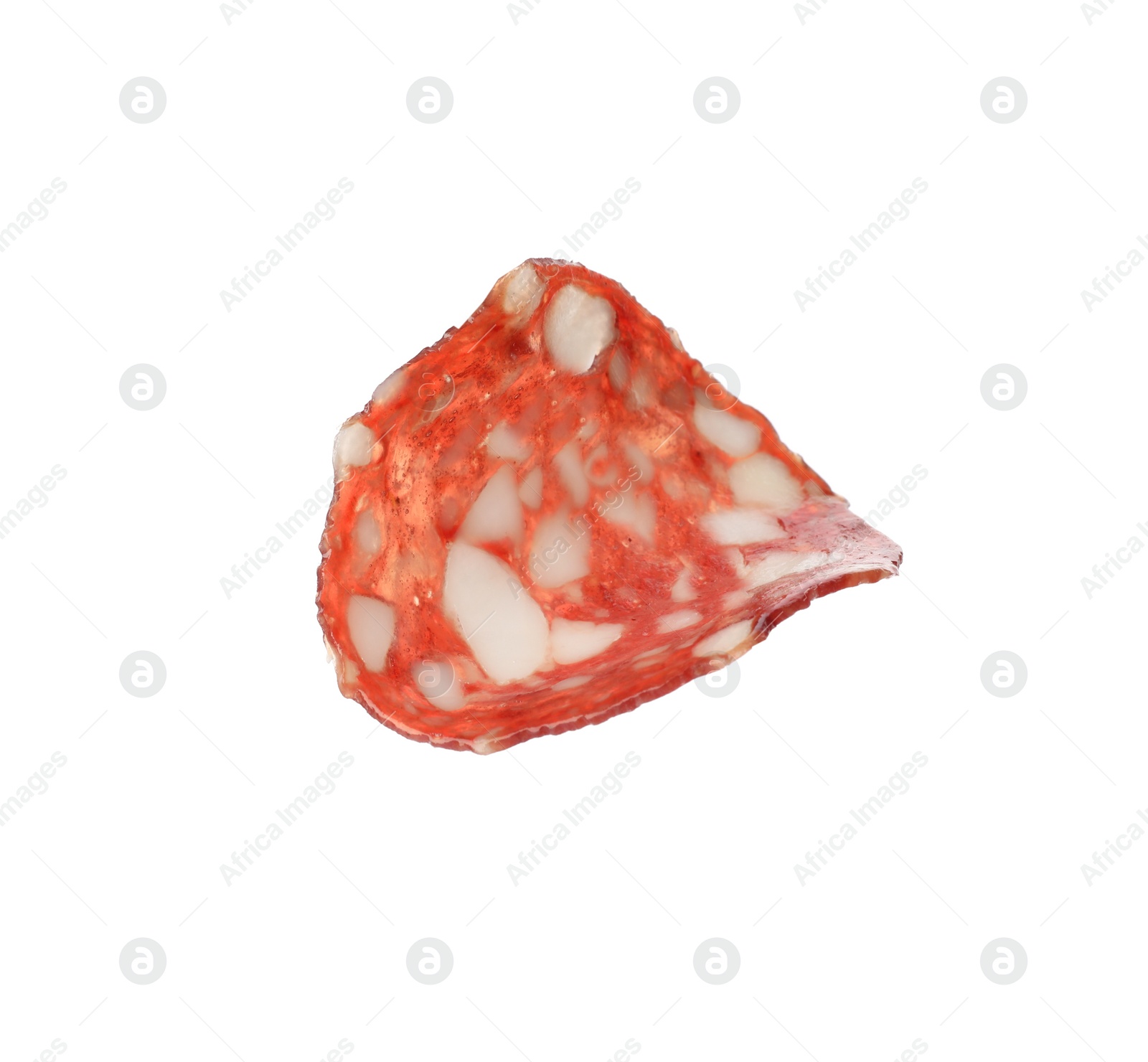 Photo of Cut fresh tasty sausage on white background