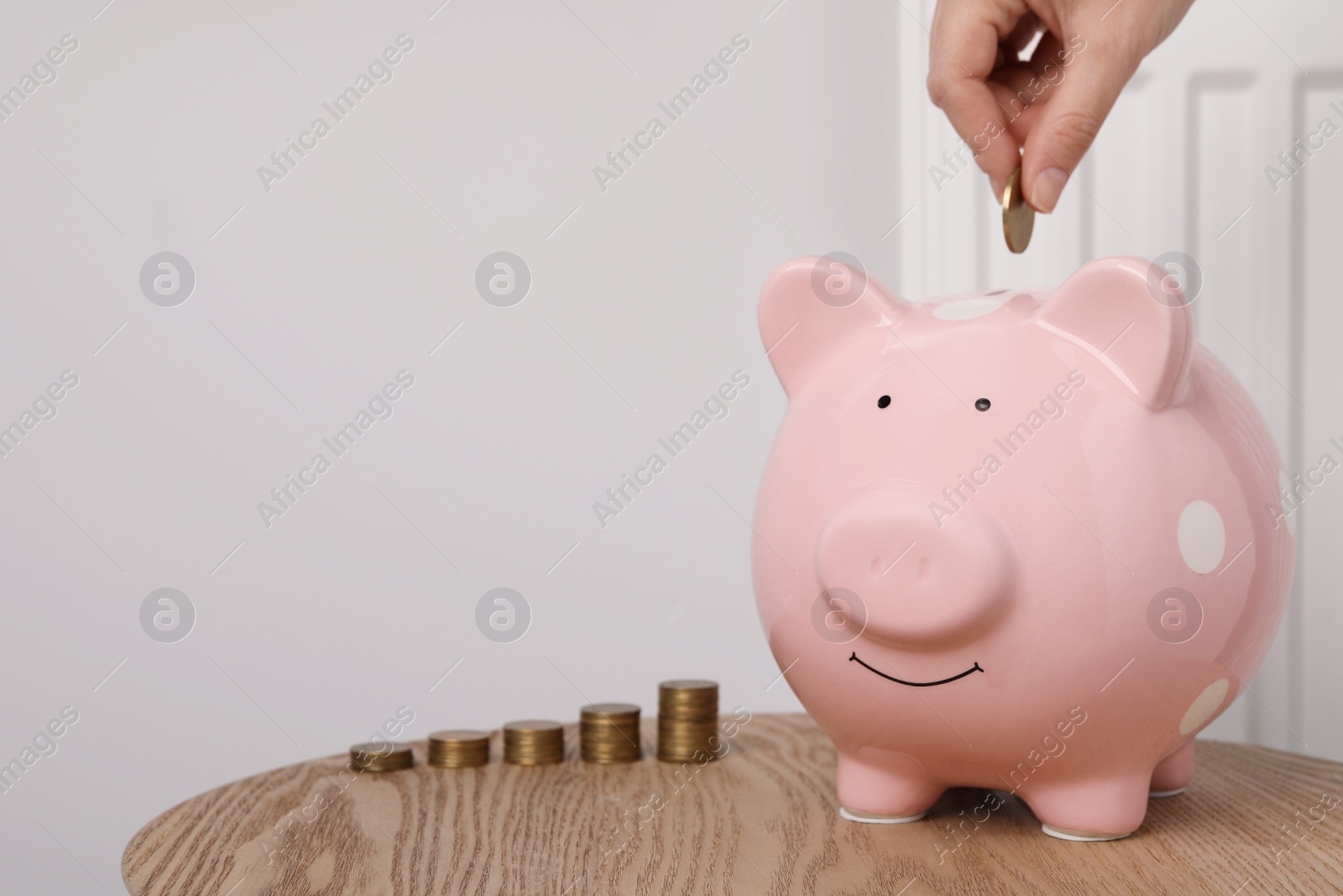 Photo of Woman putting coin into piggy bank near heating radiator, closeup. Space for text