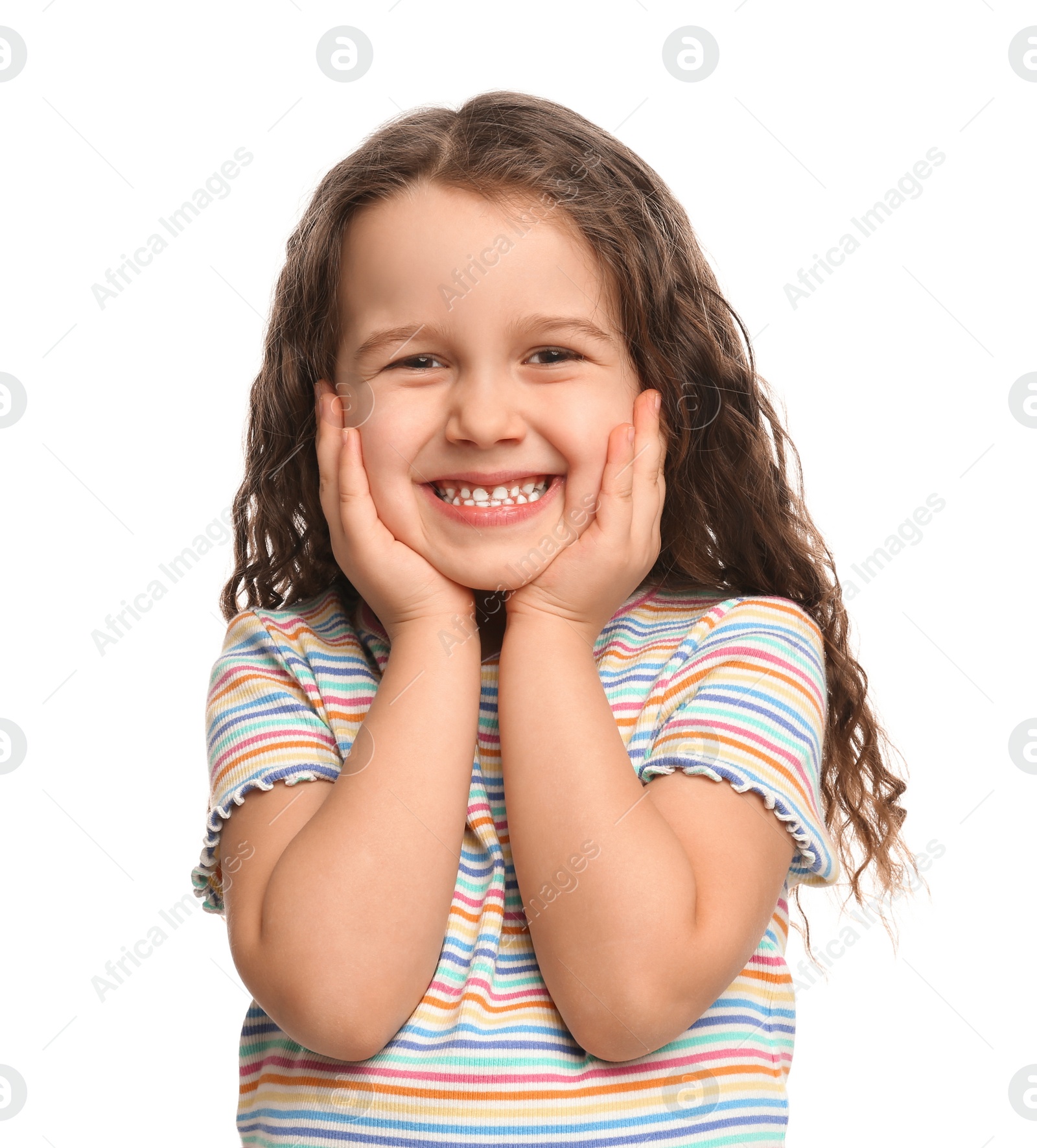 Photo of Portrait of cute little girl on white background