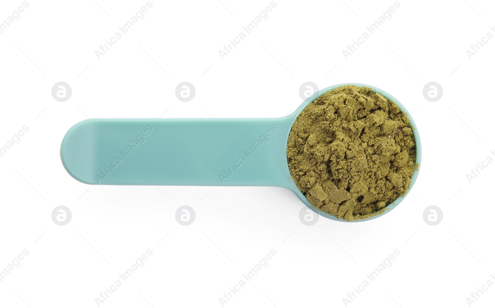 Photo of Scoop with hemp protein powder isolated on white, top view