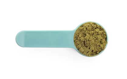 Photo of Scoop with hemp protein powder isolated on white, top view