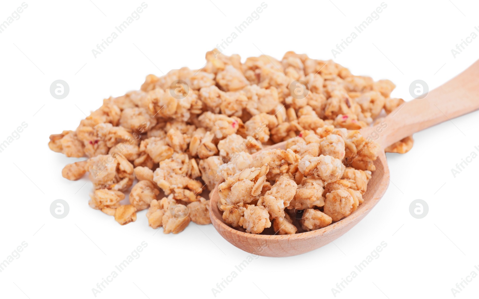 Image of Tasty crispy granola and wooden spoon on white background