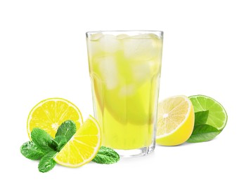 Image of Glass with tasty lemonade, fresh ripe citrus fruits and mint on white background