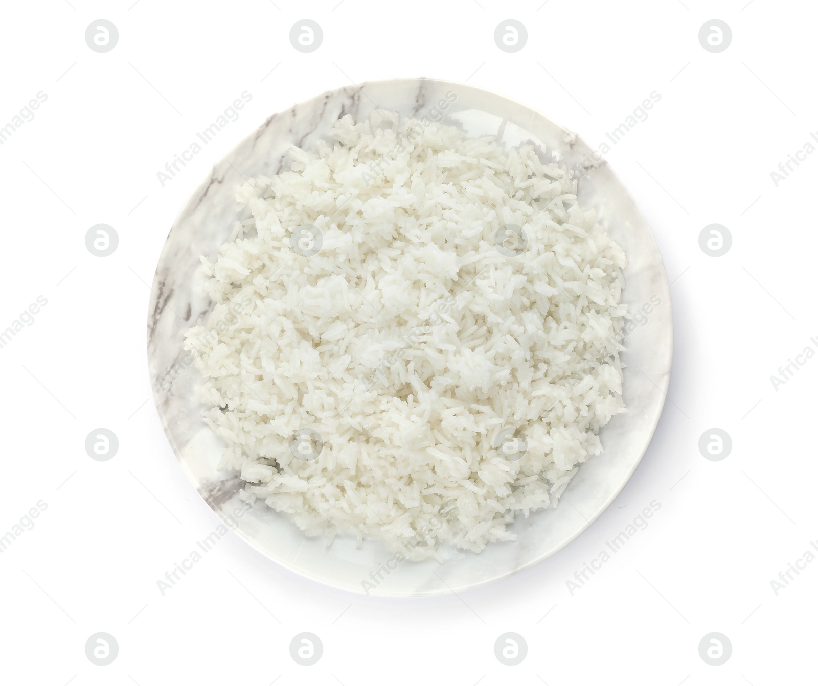 Photo of Plate of boiled rice on white background, top view