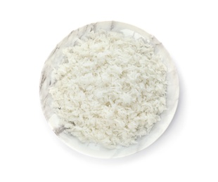 Photo of Plate of boiled rice on white background, top view