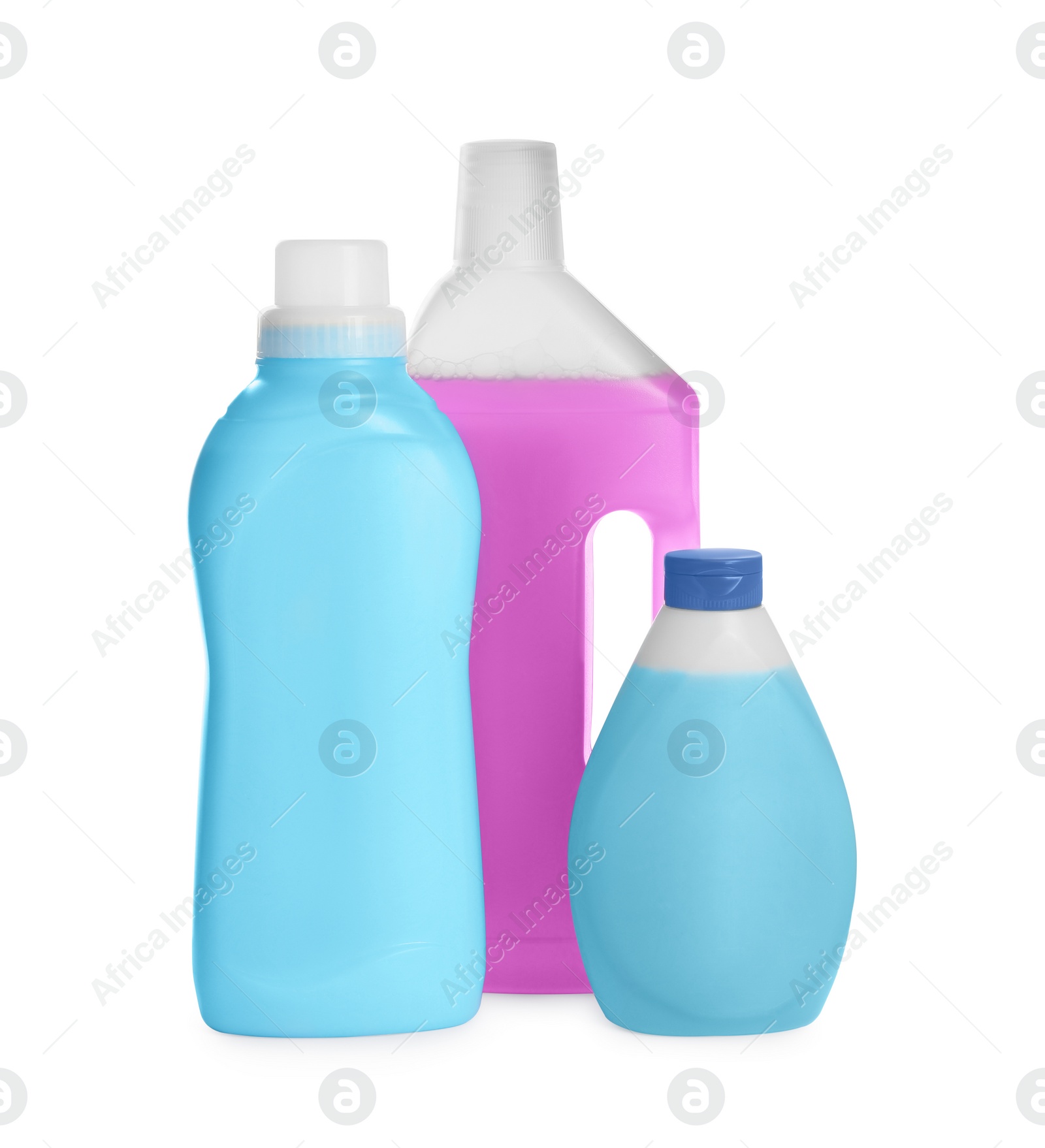 Photo of Different bottles with detergents on white background