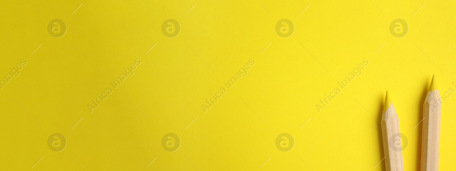 Image of Color pencils on yellow background, flat lay with space for text. Banner design