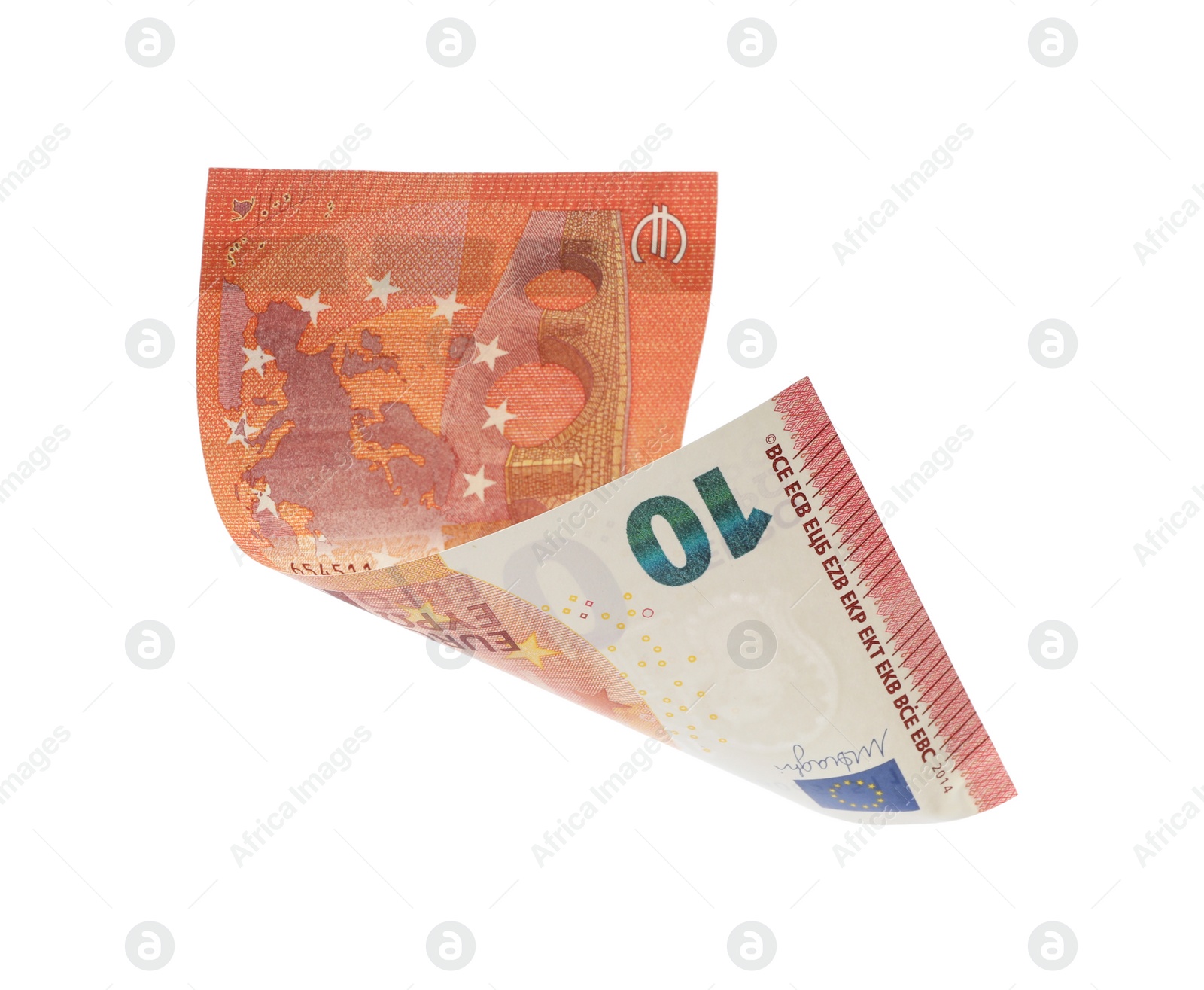 Photo of Flying ten Euro banknote isolated on white