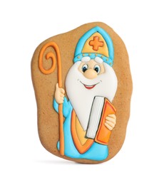 Photo of Tasty gingerbread cookie on white background. St. Nicholas Day celebration