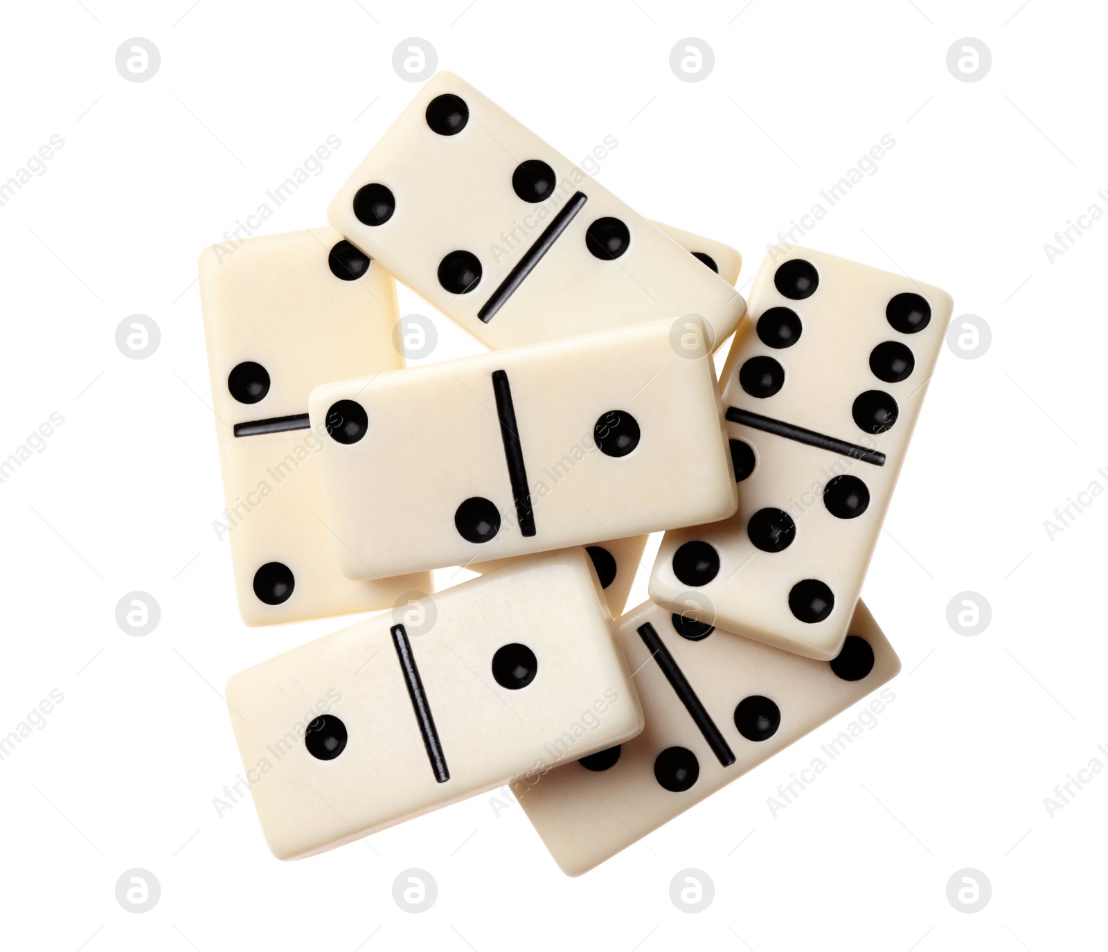 Photo of Pile of classic domino tiles on white background, top view