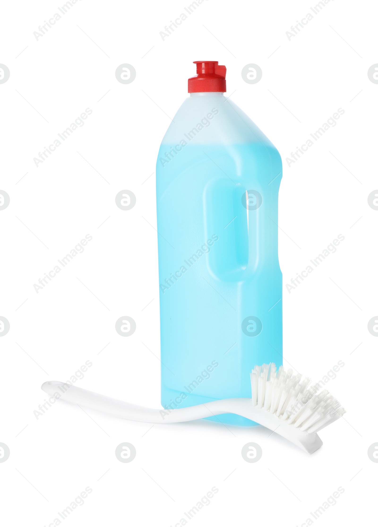 Photo of Cleaning product and brush for dish washing on white background