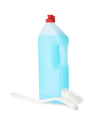 Photo of Cleaning product and brush for dish washing on white background