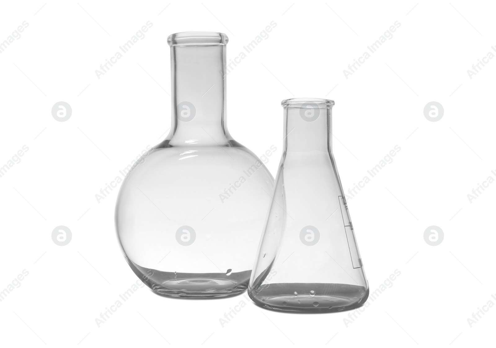 Photo of Empty Florence and conical flasks on white background. Laboratory glassware