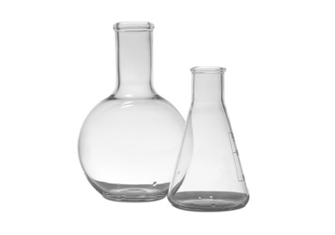 Photo of Empty Florence and conical flasks on white background. Laboratory glassware