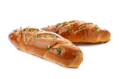 Photo of Bread loaves with garlic and herbs on white background