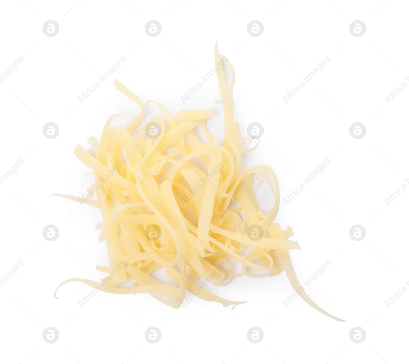 Photo of Pile of tasty grated cheese isolated on white, top view