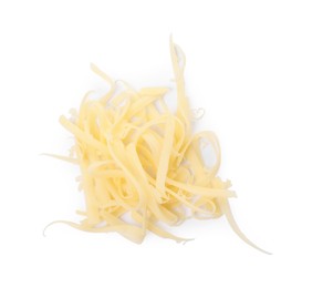 Photo of Pile of tasty grated cheese isolated on white, top view