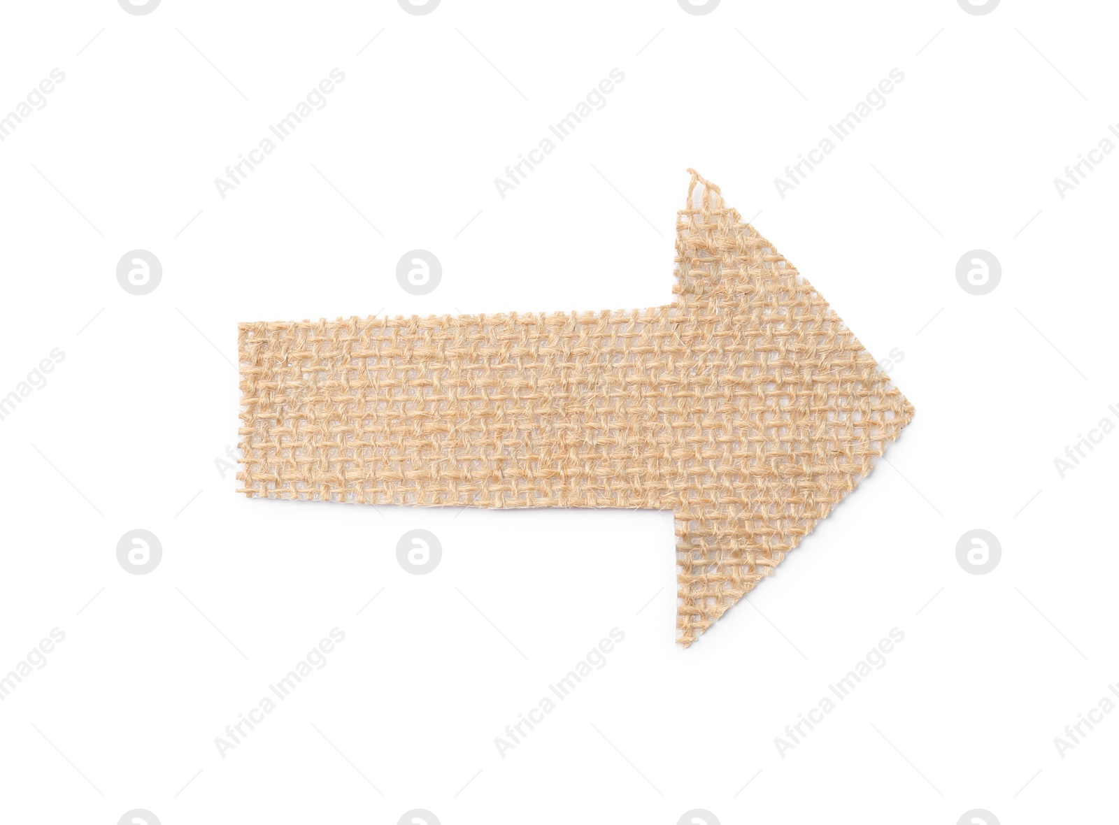 Photo of Arrow made of burlap fabric isolated on white, top view