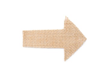 Arrow made of burlap fabric isolated on white, top view