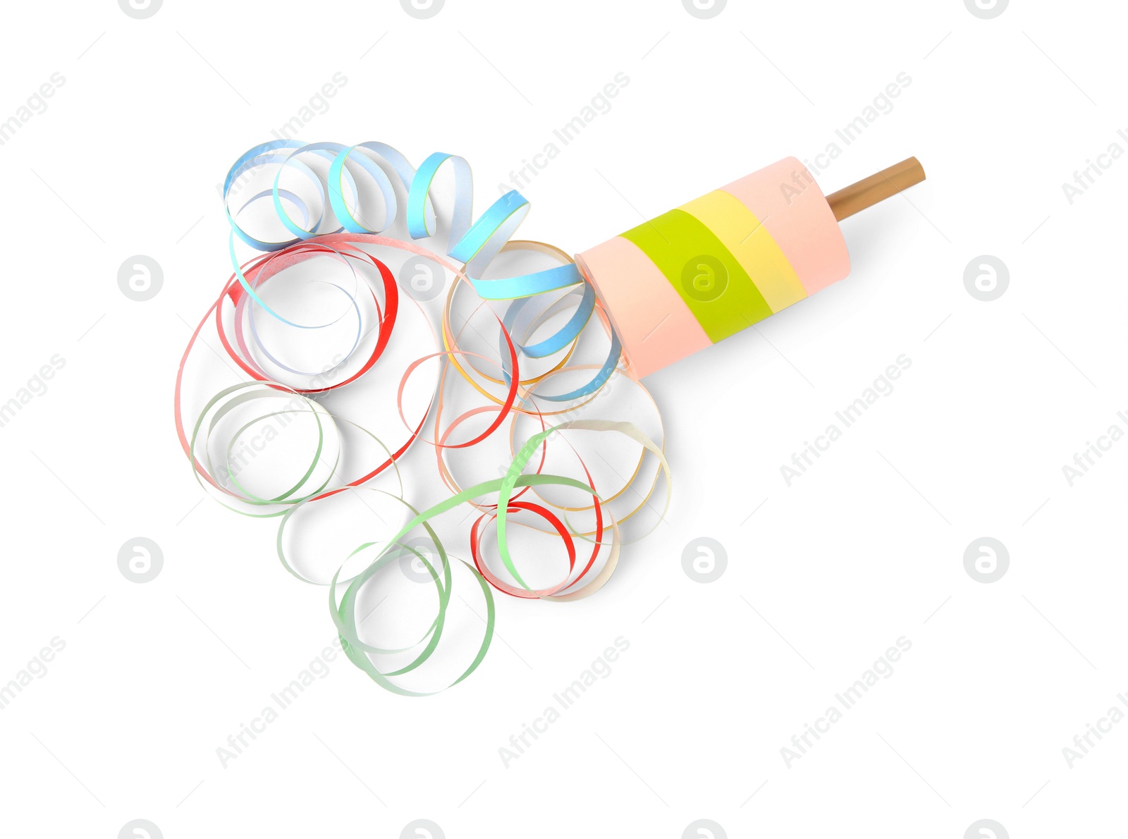 Photo of Colorful streamers with bright party cracker isolated on white, top view