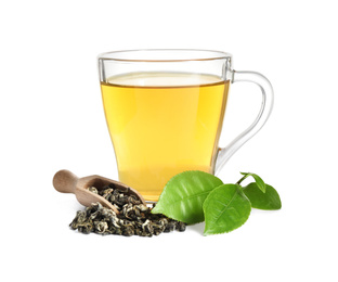 Tasty green tea with fresh and dry leaves on white background