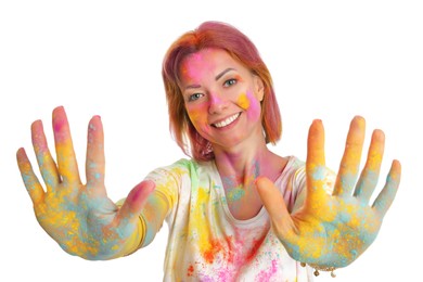 Woman covered with colorful powder dyes on white background. Holi festival celebration