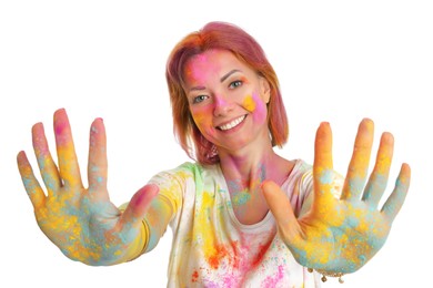 Photo of Woman covered with colorful powder dyes on white background. Holi festival celebration