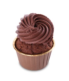 Photo of One delicious chocolate cupcake isolated on white