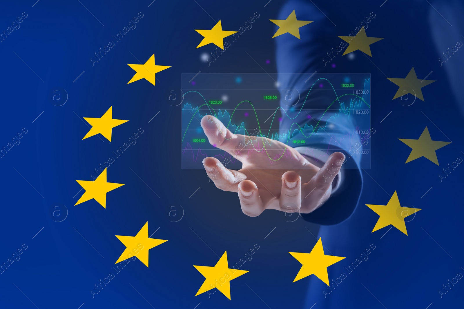 Image of Stock exchange. Double exposure with European flag and man holding digital trading graphs