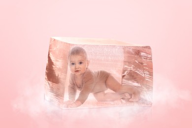 Cryopreservation as method of infertility treatment. Baby in ice cube on pink background