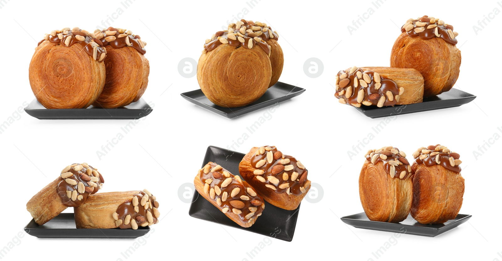 Image of Collection of round croissants isolated on white, top and side views. Puff pastry