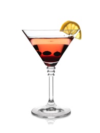 Glass of cocktail with martini and lemon on white background