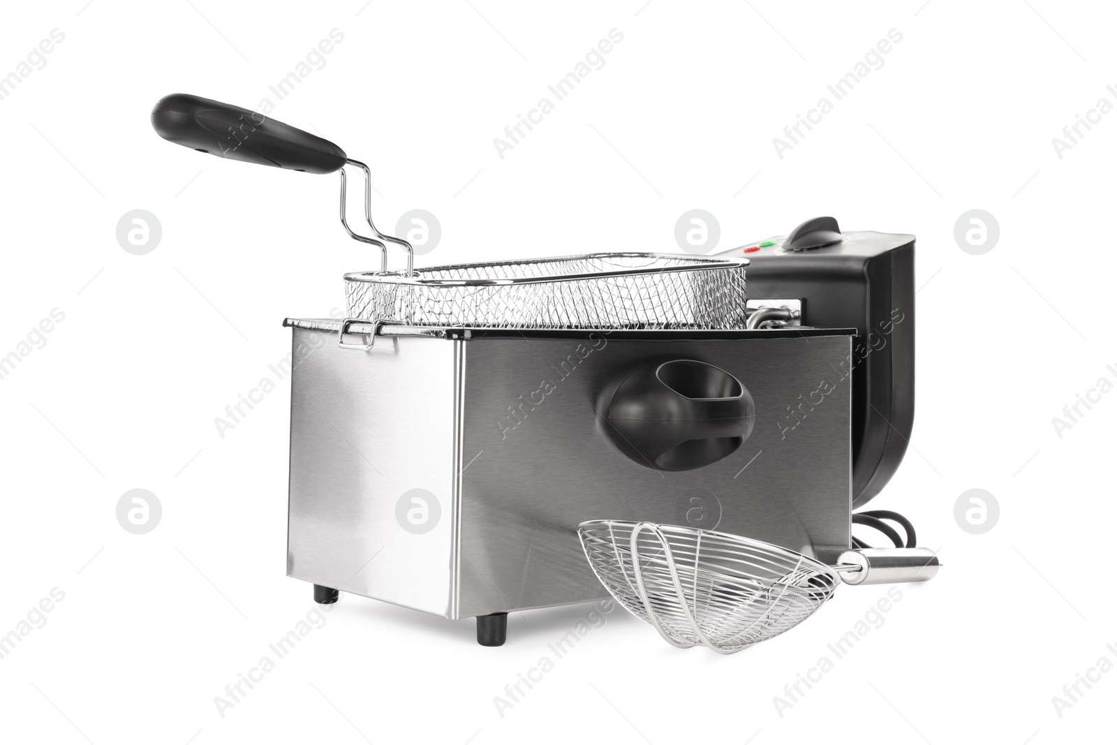 Photo of Modern deep fryer and baskets on white background. Kitchen device