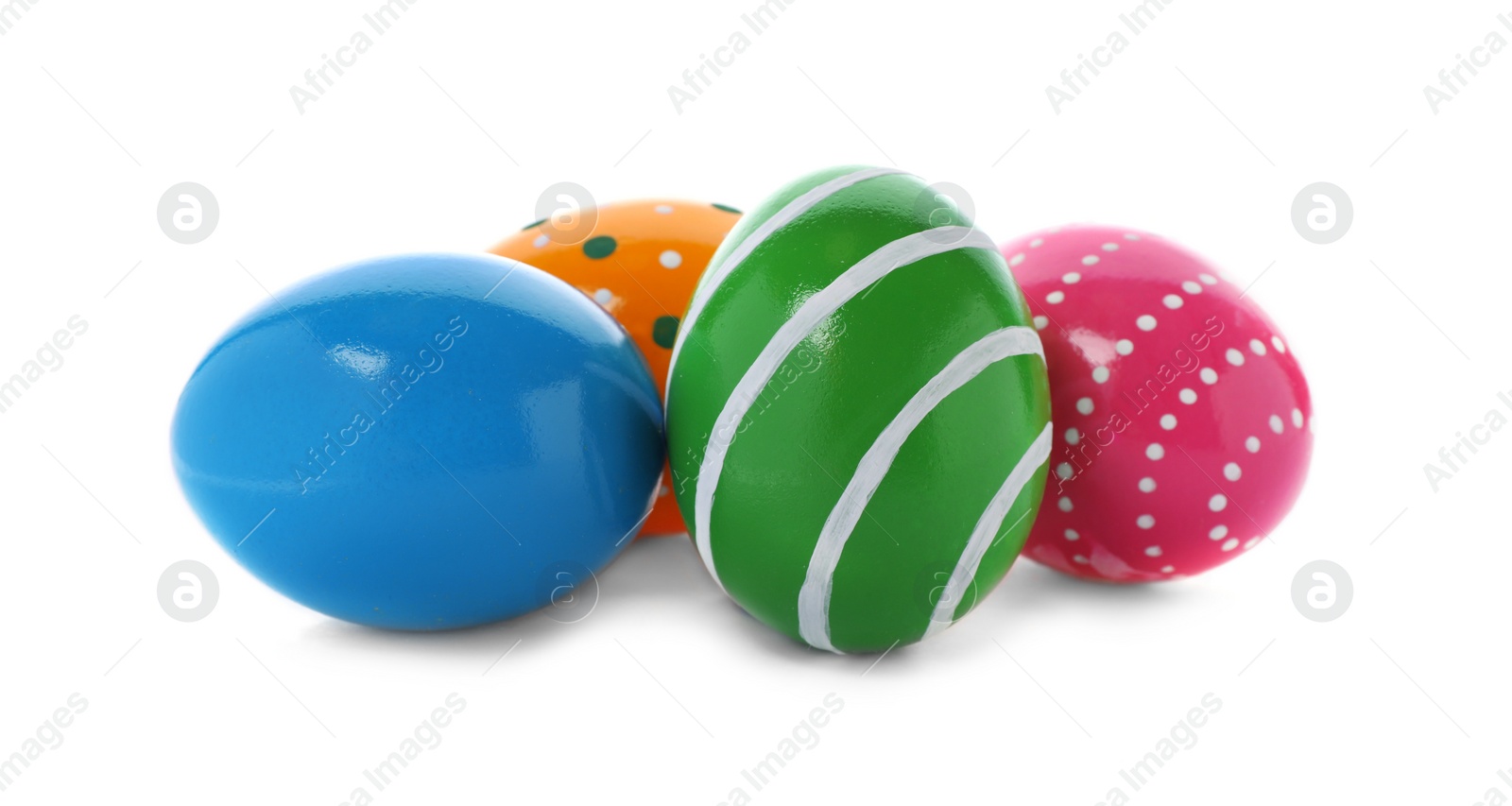 Photo of Decorated Easter eggs on white background. Festive tradition